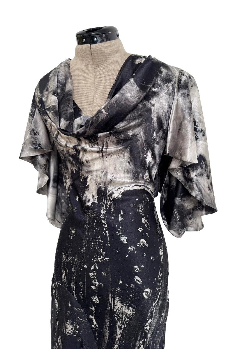 Outstanding Fall 2010 Alexander McQueen Gray Scale Print Silk Dress w Caped Sleeves & Trained Skirt