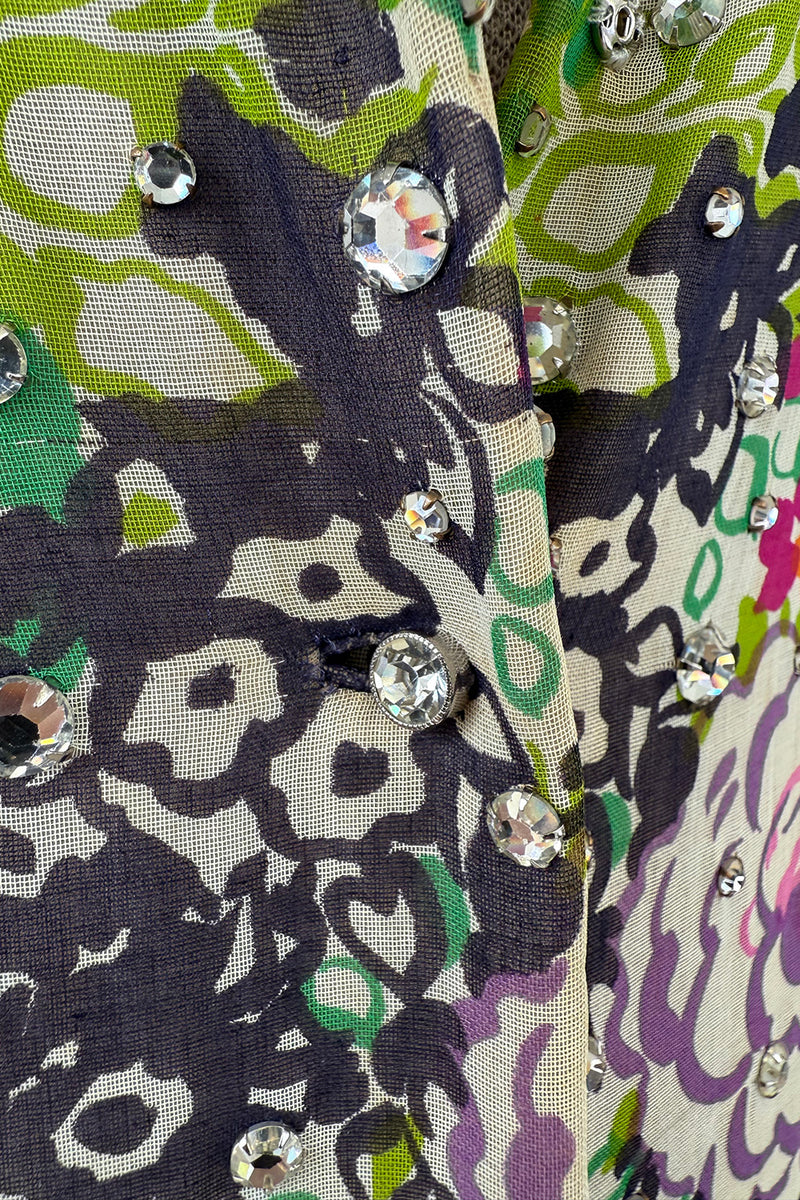 Beautiful Spring 1974 Pauline Trigere Runway Floral Print Dress w Rhinestone Detailing