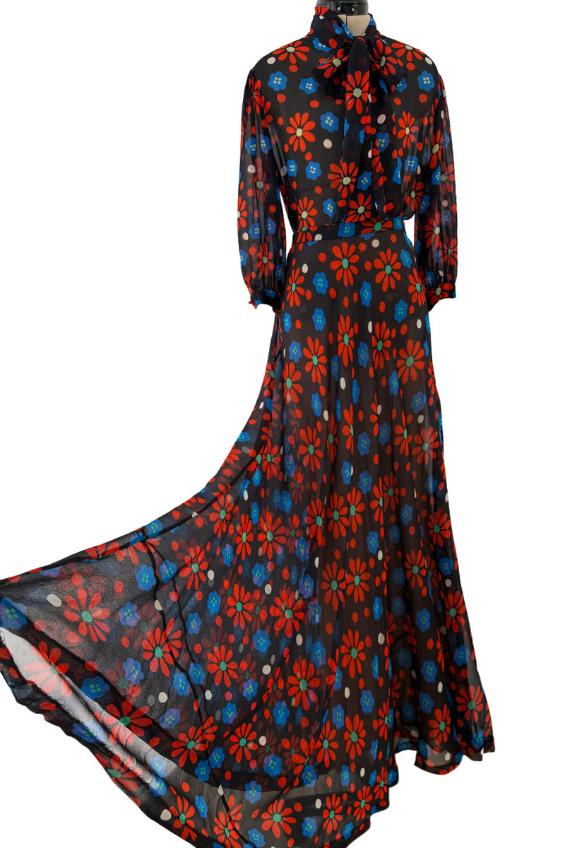 Outstanding Spring 1974 Yves Saint Laurent Floral Print Silk Chiffon Top & Skirt Set