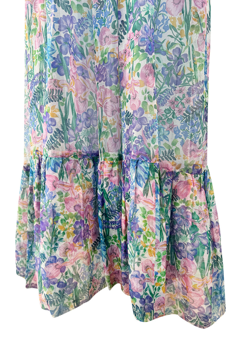 Spectacular Spring 1978 Christian Dior by Marc Bohan Blue Floral Silk Chiffon Dress w Ribbon Straps
