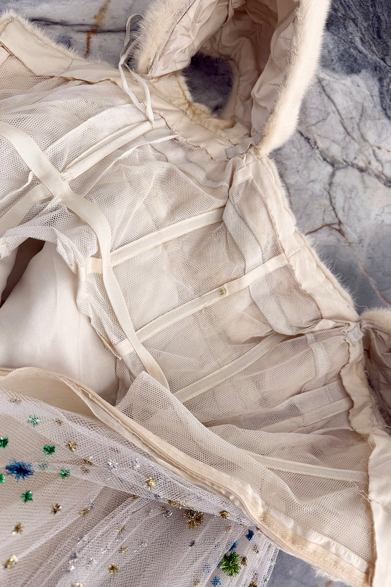 Incredible 1968 Sarmi Ivory Silk Net Dress w Mink Bodice & Metallic Tinsel Dot Detailing
