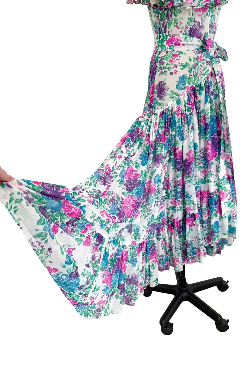 Prettiest Spring 1980 Yves Saint Laurent Floral Cotton Gauze Wide Shoulder Dress w Matching Tie Belt