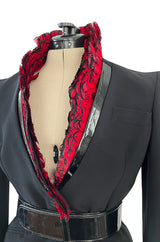 Spectacular Spring 2008 Alexander McQueen 'La Dame Bleue' Look 26 Red Feather Trim Black Suit