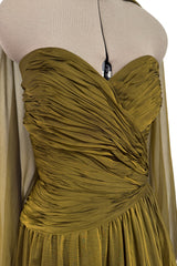 Fall 1989 Oscar de la Renta Iridescent Green Gold Silk Chiffon Strapless Dress w Matching Cape
