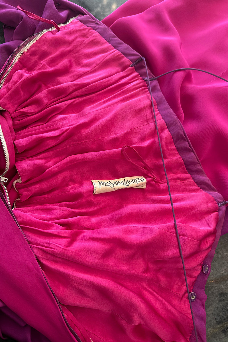 Spring 1985 Yves Saint Laurent Haute Couture Pink Silk Dress w Purple Bodice & Long Front Panel Detail
