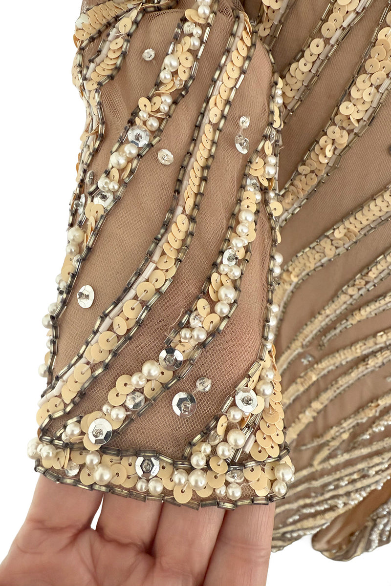 Incredible & Rare 1980s Bob Mackie Well Documented Ivory Sequin & Nude Stretch Net High Slit Dress