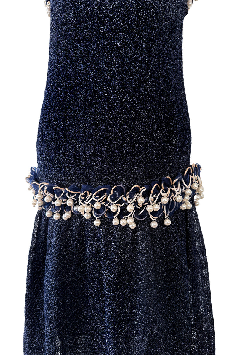 Phenomenal Fall 2010 Chanel by Karl Lagerfeld Deep Blue & Silver Metallic Knit Dress w Glass Pearl Detailing