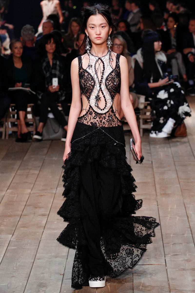 Exquisite Spring 2016 Alexander McQueen by Sarah Burton Runway Look 34 Black & White Lace Cut Out Dress