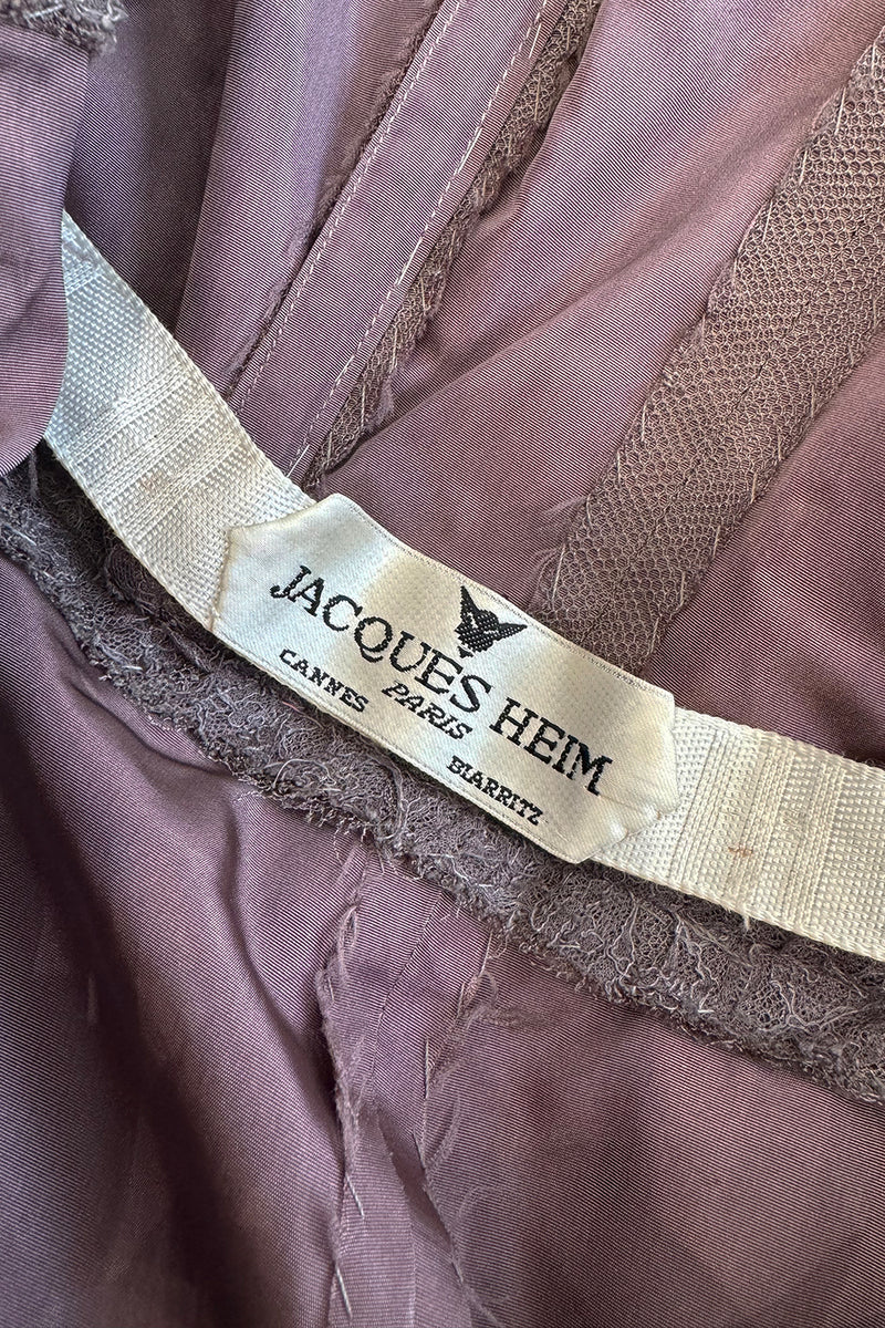 Exceptional 1950s Jacques Heim Golden Era Haute Couture Ultra Rare Purple-Gray Net & Handmade Lace Dress