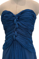 Prettiest Spring 1990 Oscar De La Renta Deep Sapphire Blue Silk Chiffon Strapless Dress w Matching Cape