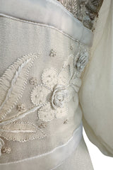 Rare 1969-75 Thea Porter Couture Embroidered Silk Organza & Gold Metallic Dress w Balloon Sleeves