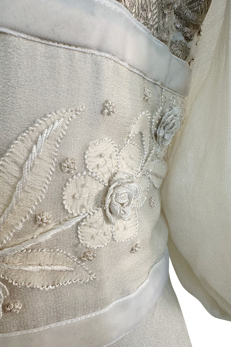 Rare 1969-75 Thea Porter Couture Embroidered Silk Organza & Gold Metallic Dress w Balloon Sleeves