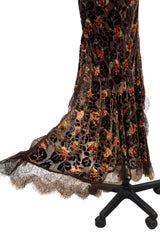 Beautiful Fall 2005 John Galliano Bias Cut Soft Brown Cut Devore Velvet & Chiffon Floral Print Dress