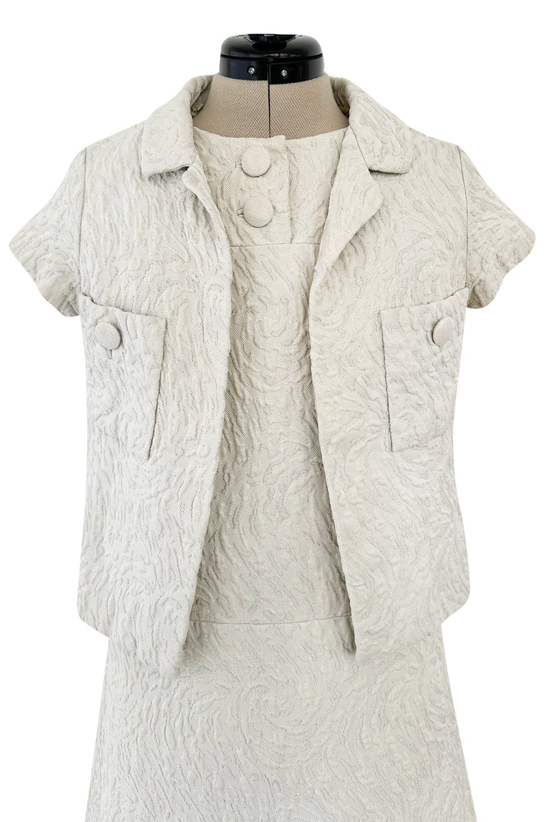1960s Christian Dior Demi-Couture Textured Ivory Silk A-Line Dress & Matching Crop Jacket