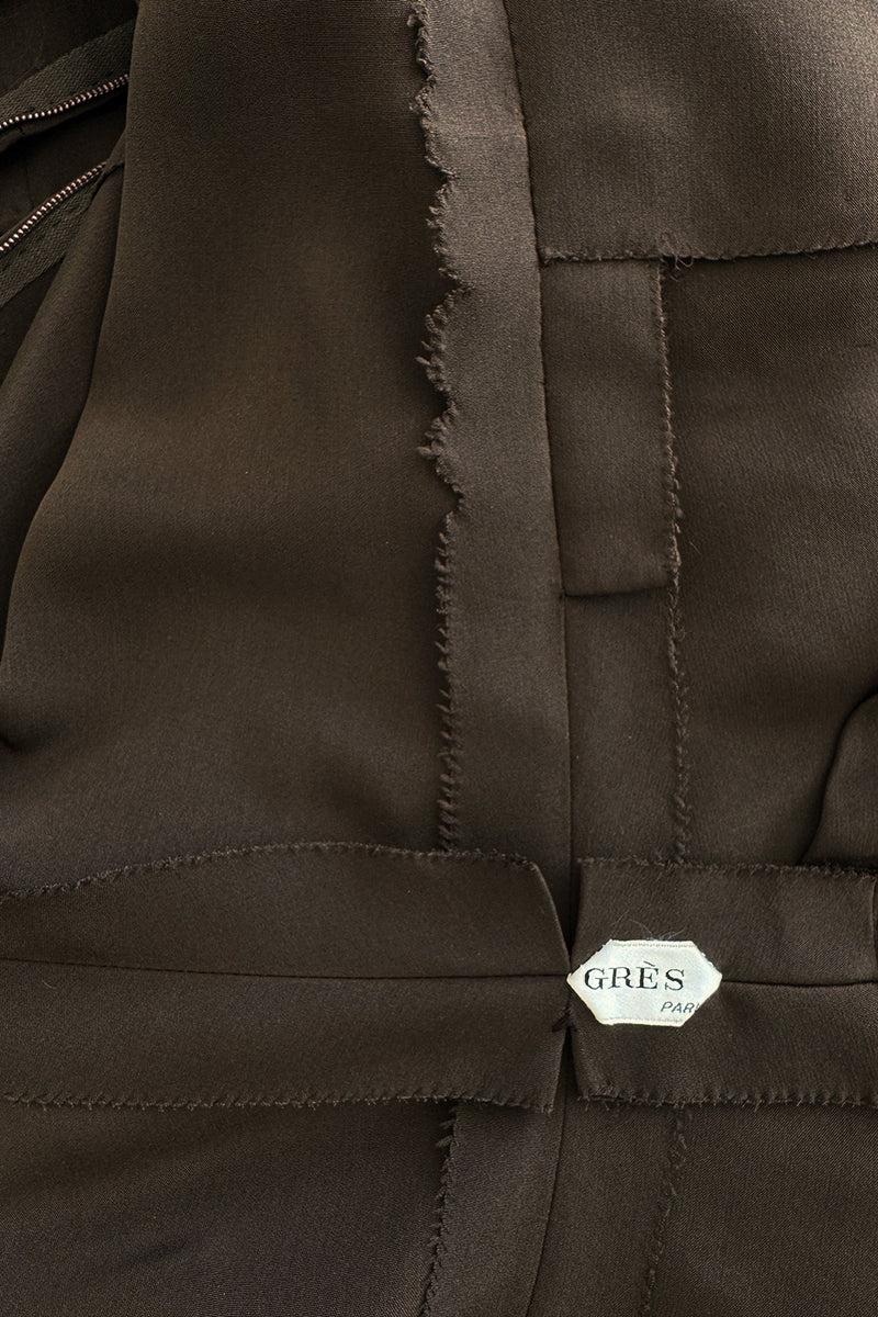 Elegant 1970s Madame Gres Haute Couture Chocolate Brown Day Dress w Full Sleeves & Collar