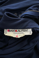Resort 1986 Yves Saint Laurent Deep Plunge Front Blue Draped Silk Jersey Dress