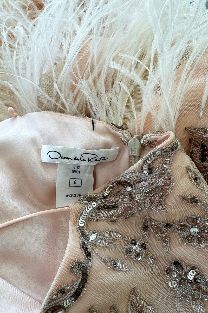 Dreamy Spring 2012 Oscar de la Renta Runway Look 47 Nude Pink Feather Dress w Silver Thread Flowers Detailing