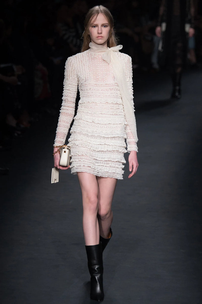 2012 Valentino by Pierpaolo Piccioli & Maria Grazia Chiuri Tiered Ivory Lace Net Dress w Sequin & Bead Detailing
