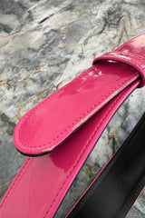 Fabulous 2008 Alexander McQueen Strapless Black Silk Dress w Vibrant Pink Patent Leather Belt