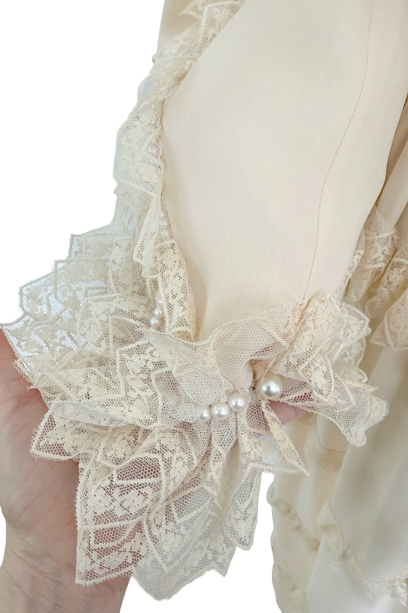 Incredibly Rare Fall 1979 Chloe by Karl Lagerfeld Couture Runway Ivory Chiffon & Lace Dress w pearl Details