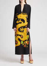 Pre-Fall 2022 Valentino by Pierpaolo Piccioli Black Silk Brilliant Dragon Printed Caftan Dress