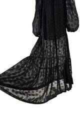 Chic c.1973 Yves Saint Laurent Black Gauzy Feeling Silk Chiffon Dress w Pattern & Full Sleeves