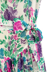 Prettiest Spring 1980 Yves Saint Laurent Floral Cotton Gauze Wide Shoulder Dress w Matching Tie Belt