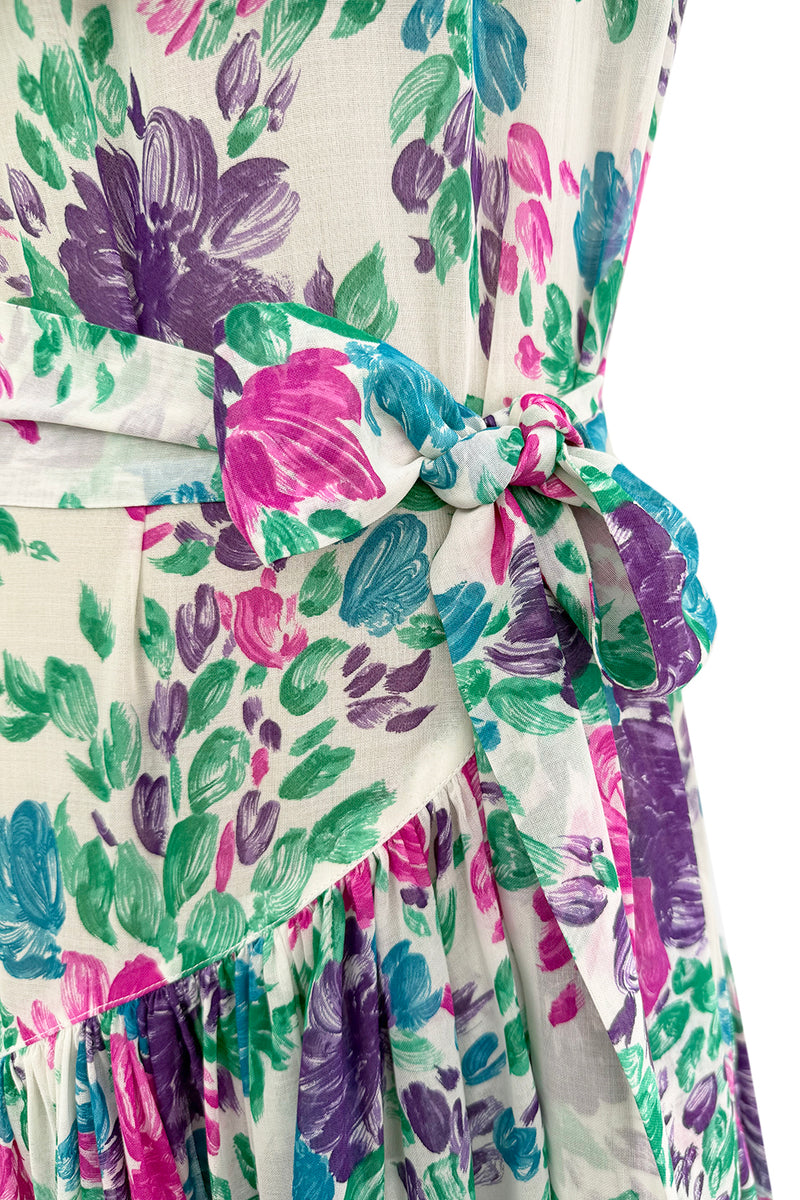 Prettiest Spring 1980 Yves Saint Laurent Floral Cotton Gauze Wide Shoulder Dress w Matching Tie Belt