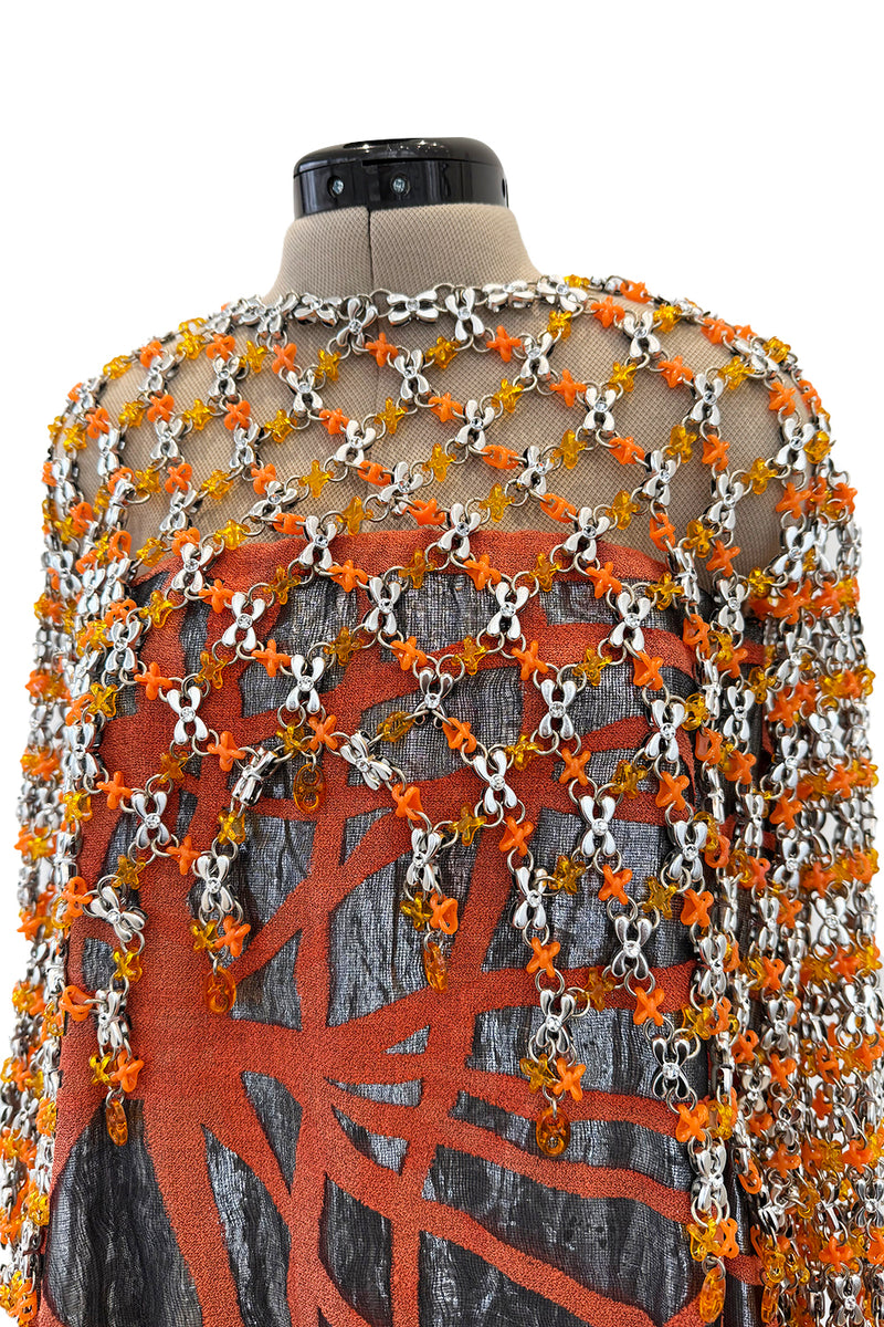 Ultra Rare 1990s Paco Rabanne Haute Couture Metallic Silver & Coral Dress w Chainlink Top & Headpiece