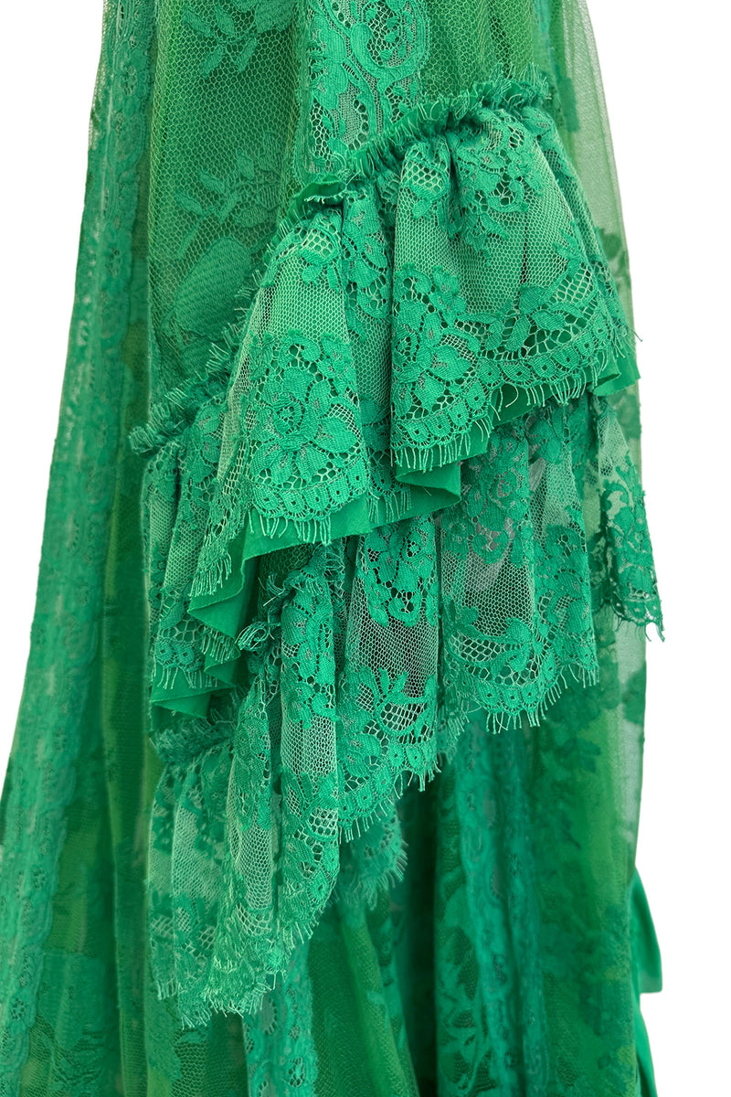 Remarkable Resort 2019 Gucci by Alessandro Michele Runway Look 9 Green Lace & Net Ruffle Dress w Train