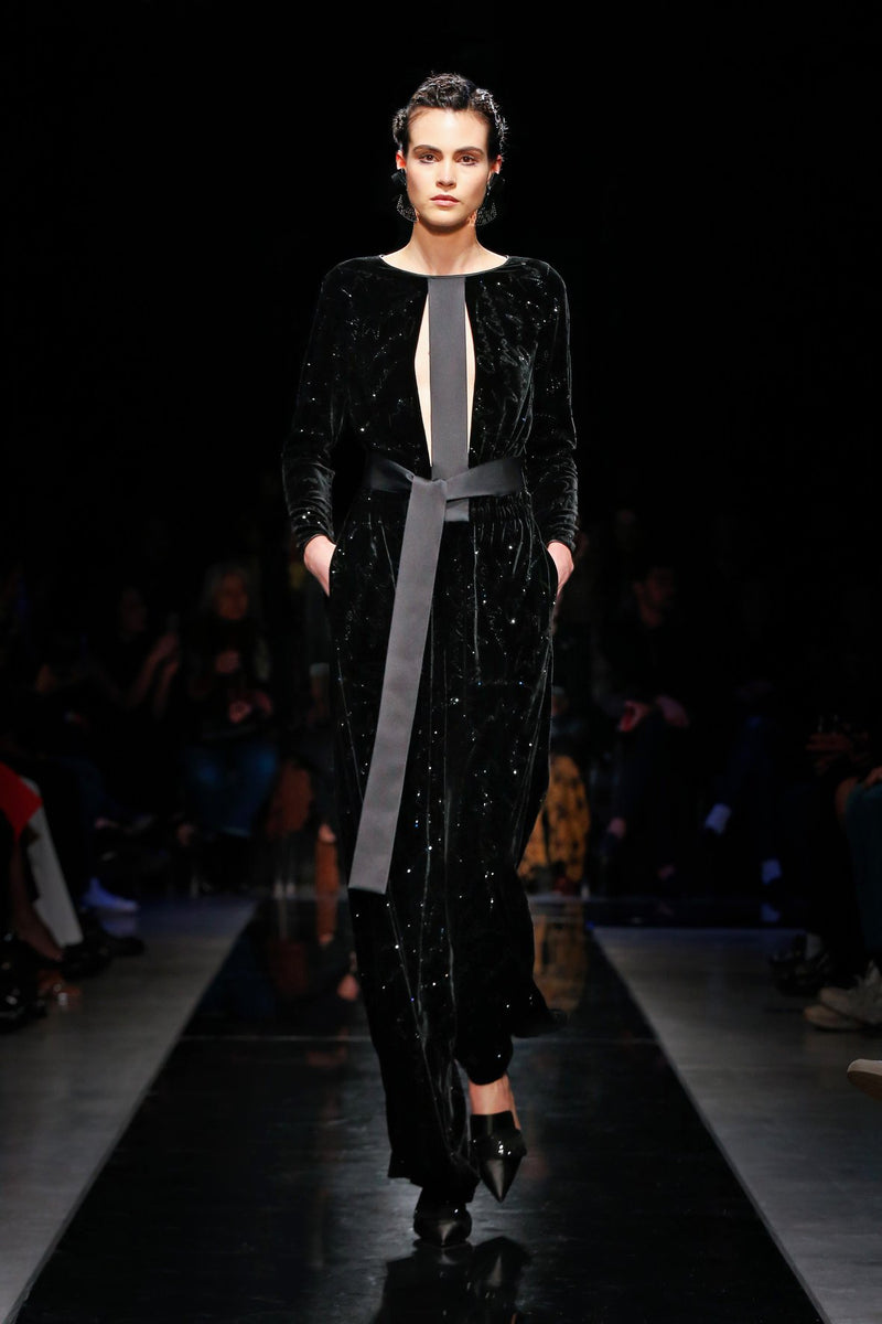 Exquisite Fall 2019 Giorgio Armani Runway Look 80 Velvet &Silk Ribbon Jumpsuit w Black Jet Beads