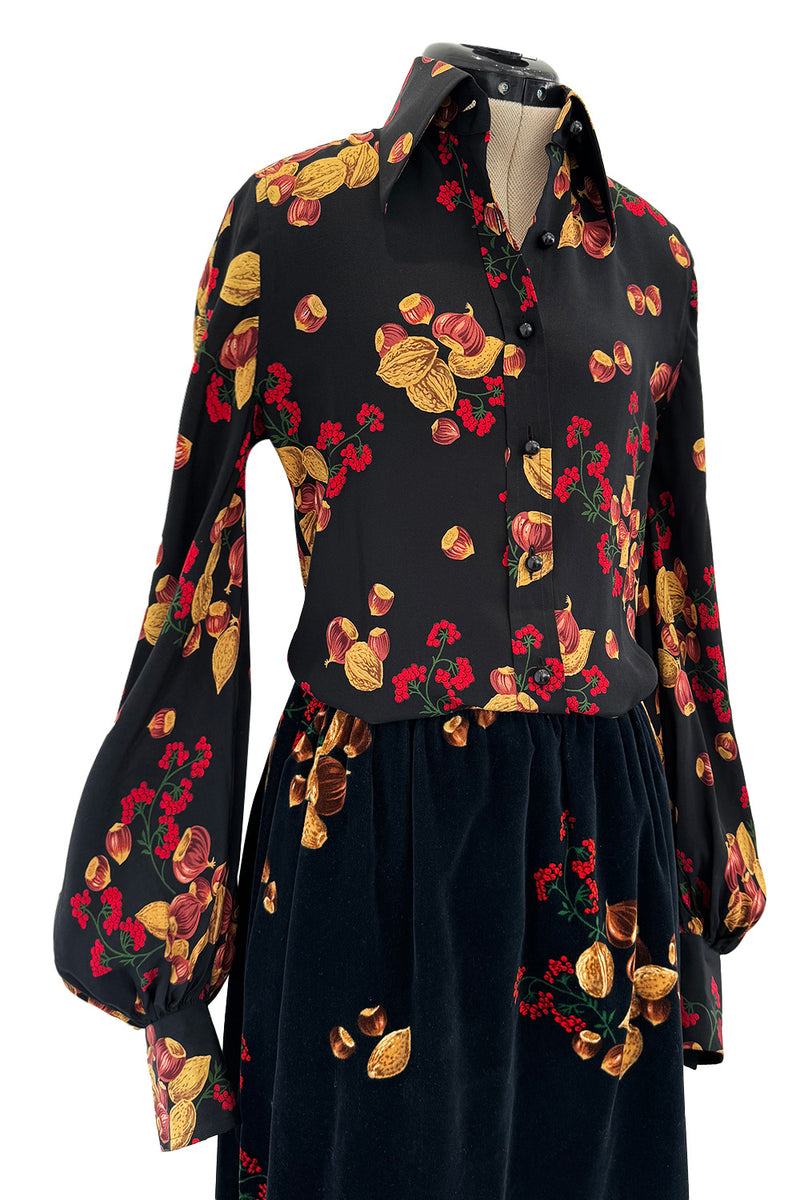 Incredible c. 1972 Original Valentino Three Piece Acorn Print Silk Top, Velvet Skirt & Jacket Set