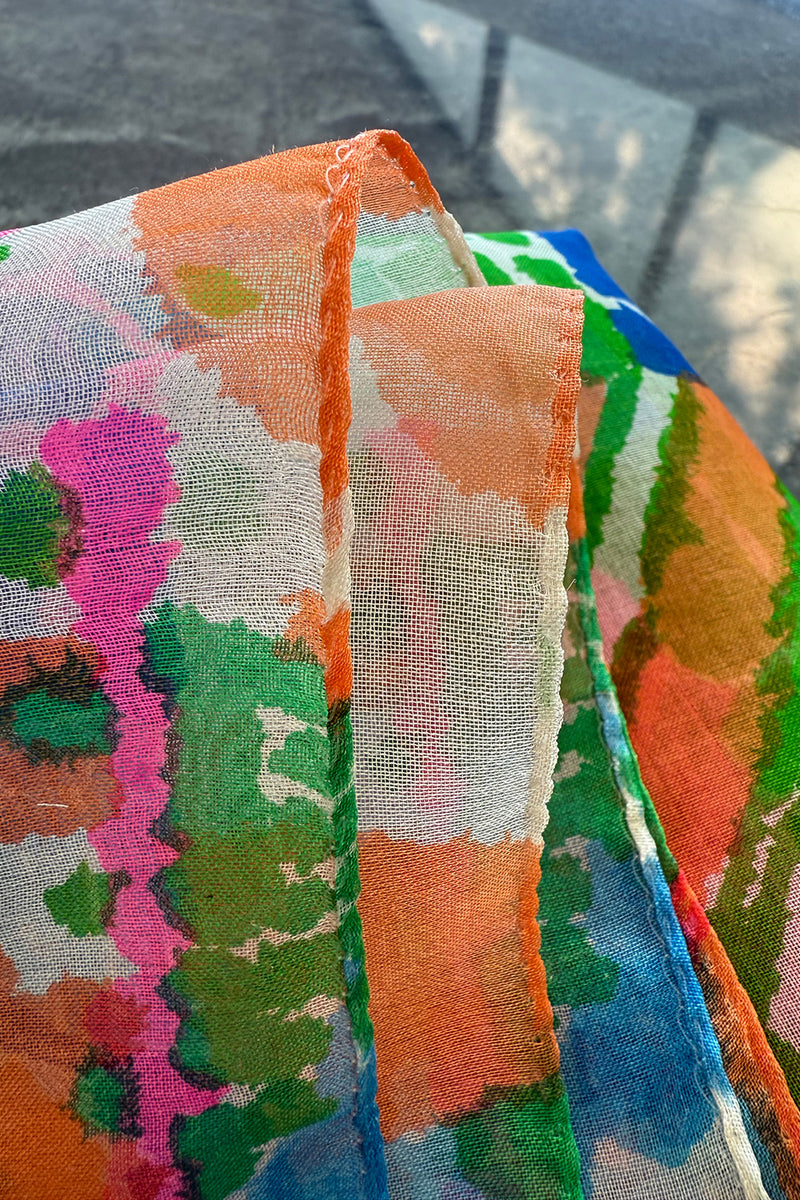 Fantastic Spring 1969 Kiki Hart Multi Colour Floral & Pattern Silk & SIlk Organza Dress w Balloon Sleeves