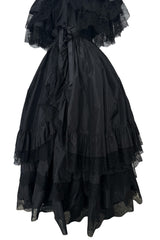 Dramatic 1970s Louis MiesOff Shoulder Haute Couture Silk Dress w Hand Made Lace & Full Skirt