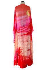 Incredible Spring 1978 Hanae Mori Brilliant Pink & Coral Sunset & Floral Caftan Dress & Cape Overlay