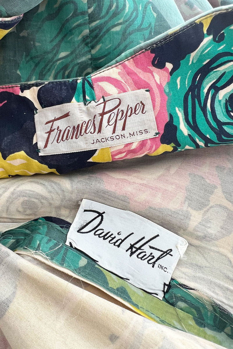 Gorgeous 1950s David Hart Organza Covered Cotton Floral Print Dress w Sequin Detailing