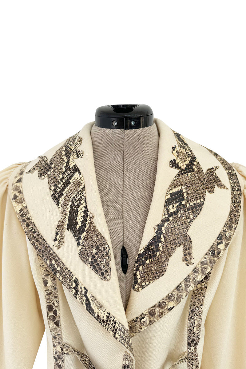 Important 1972 Bill Gibb Couture Debut Collection Lizard Detailed Cream Jacket & Scalloped Edged Skirt