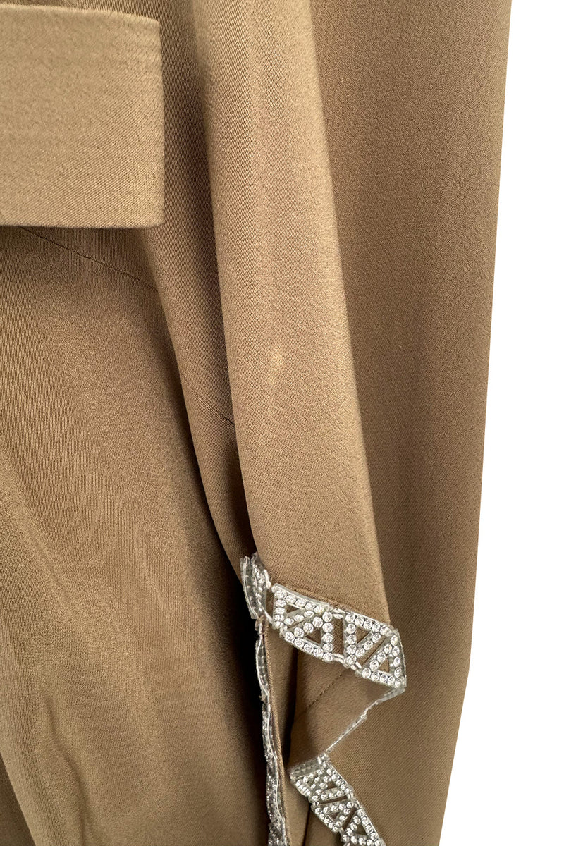 Incredible 1978 Pierre Cardin Haute Couture Soft Taupe Silk Cape Dress w Rhinestone Detailing