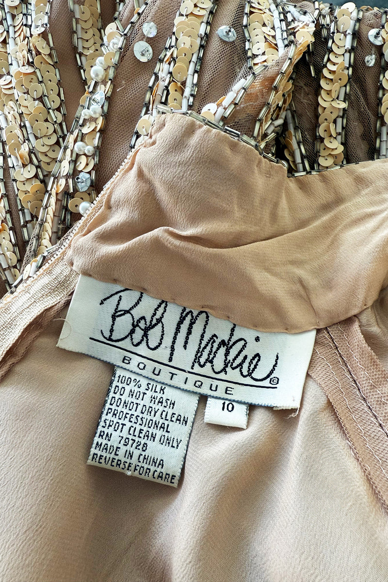 Incredible & Rare 1980s Bob Mackie Well Documented Ivory Sequin & Nude Stretch Net High Slit Dress