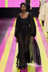 Spring 2024 Christian Dior by Maria Grazia Chiuri Runway Look 75 Purple Silk Chiffon Dress w Huge Balloon Sleeves