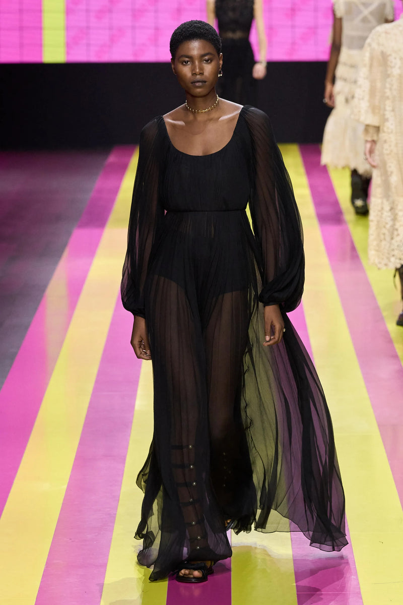 Spring 2024 Christian Dior by Maria Grazia Chiuri Runway Look 75 Purple Silk Chiffon Dress w Huge Balloon Sleeves