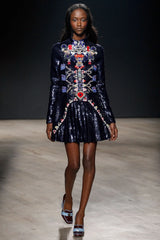 Fabulous Fall 2014 Mary Katrantzou Deep Blue & Black Digitally Printed Mini Dress w Full Skirt