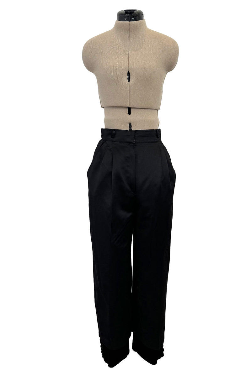 Fabulous 1970s Valentino Black Silk Cropped Pants & Black Silk Top Set w Gold Detailed Ruffled Collar