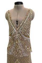 Prettiest 2000s Valentino Roma Metallic Gold Sequin & Bead Silk Chiffon on Netting Top and Skirt Set