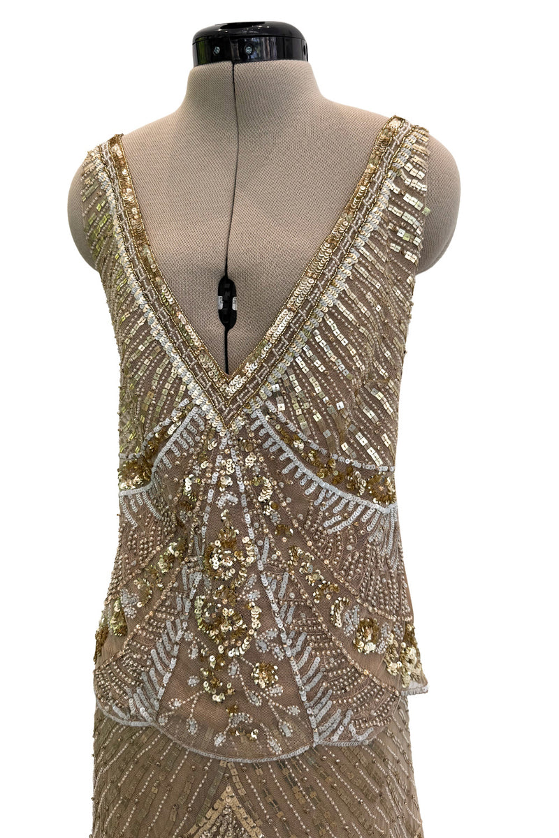 Prettiest 2000s Valentino Roma Metallic Gold Sequin & Bead Silk Chiffon on Netting Top and Skirt Set