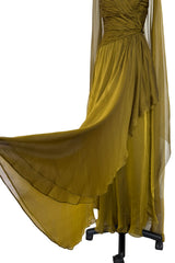 Fall 1989 Oscar de la Renta Iridescent Green Gold Silk Chiffon Strapless Dress w Matching Cape