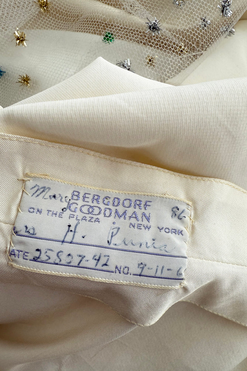Incredible 1968 Sarmi Ivory Silk Net Dress w Mink Bodice & Metallic Tinsel Dot Detailing