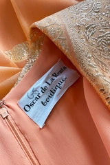 Prettiest 1960s Oscar De La Renta Peach Iridescent Silk Organza Dress w Gold Thread Detailing