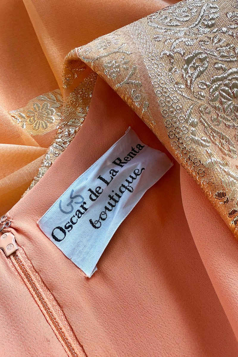 Prettiest 1960s Oscar De La Renta Peach Iridescent Silk Organza Dress w Gold Thread Detailing