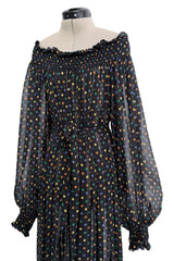 Spring 1978 Yves Saint Laurent Runway & Ad Campaign Off Shoulder Silk Chiffon Dot Dress